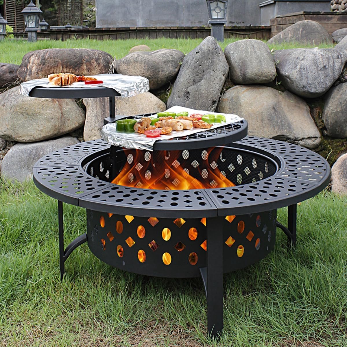 Ronde Metalen Vuurplaats - Buitenhaard Barbecue Tafel - Buiten Koken en Verwarmen - 3-in-1 Functionaliteit - 92 cm - Zwart