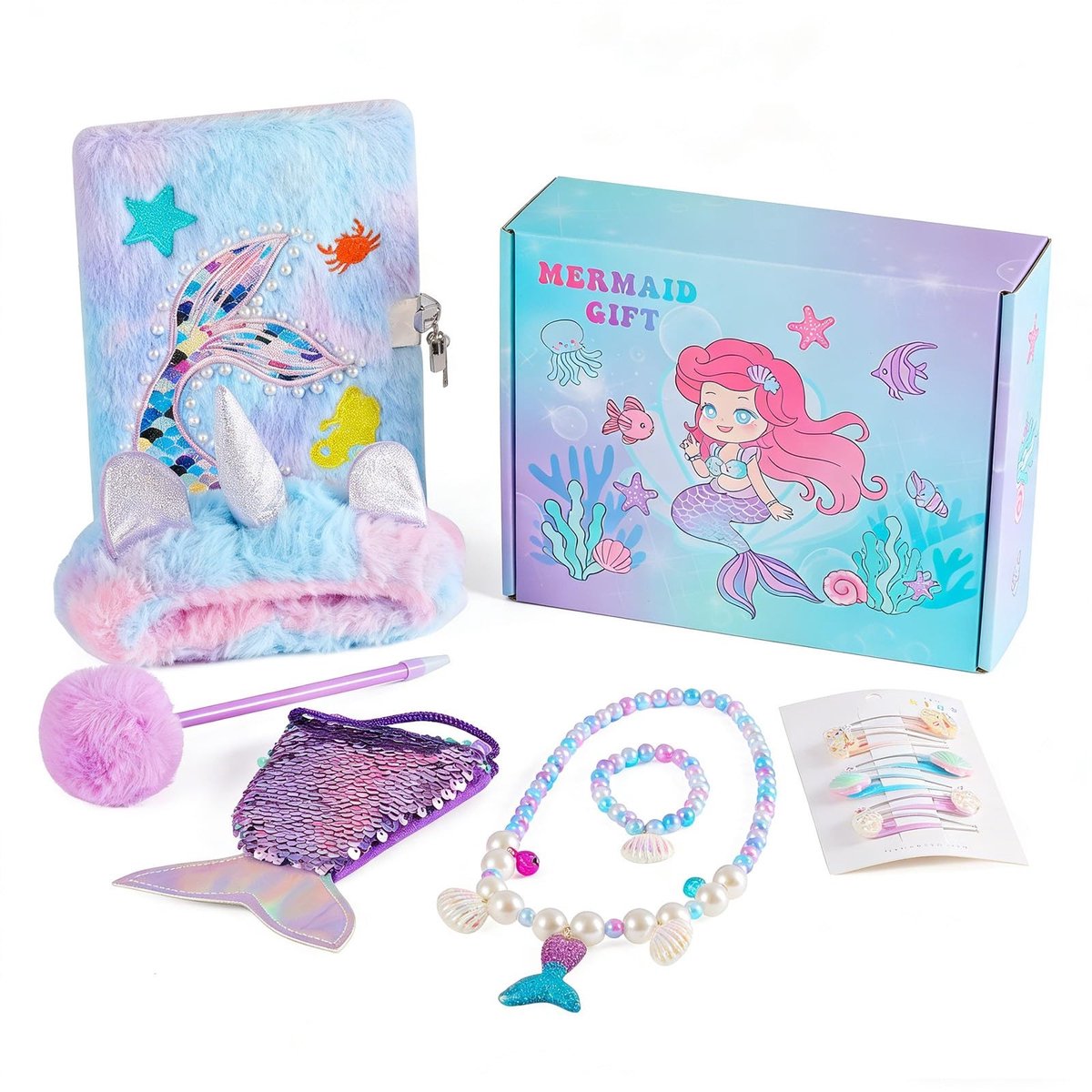 Dailygoods - Zeemeerminstaart pluche dagboek met slot, pluche geheim dagboek voor meisjes, notitieboekje, kinderset met haarbanden, haarspelden, portemonnees, armbanden, halskettingen, cadeaus voor meisjes