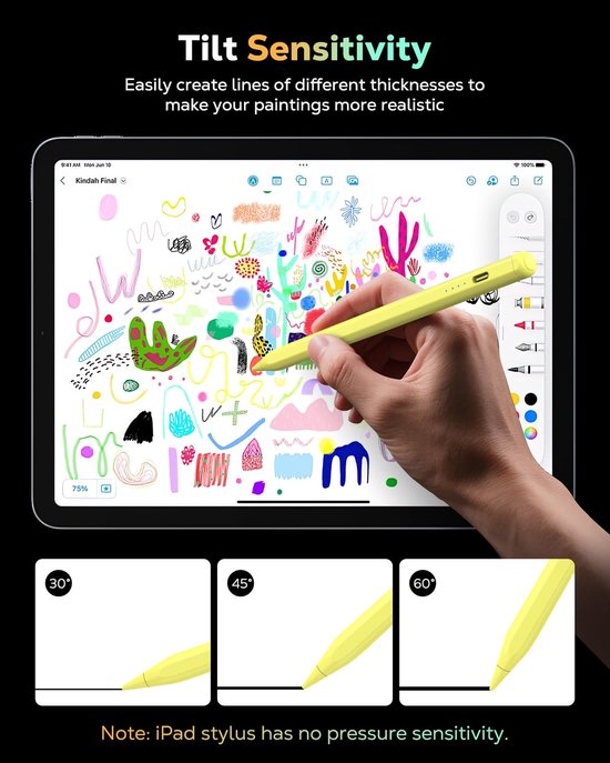 Dailygoods - MoKo Pencil for iPad (A16) 11th 10th Gen, Stylus Pen for 2018-2026 Apple iPad 11/10/9/8/7/6/A16, Mini 7/6/5, Air M3/M2 11"/13"/5/4/3, Pro M4 13"/12.9"/11" Tilt Sensitivity, USB-C Fast Charging, Yellow — afbeelding 5