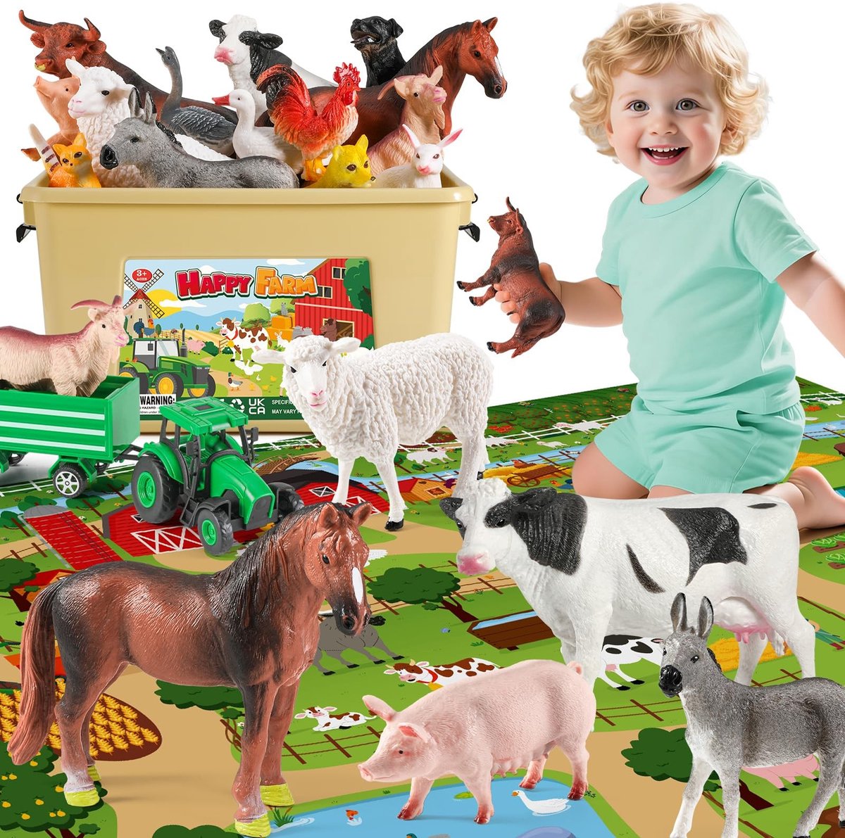 Dailygoods- Boerderijdieren Speelgoed met 120 x 80 cm Speelmat - 38 Stuks Dierenfiguren - Tractor Speelgoed - Educatief Speelgoed - Boerderij Gereedschap - Opbergdoos