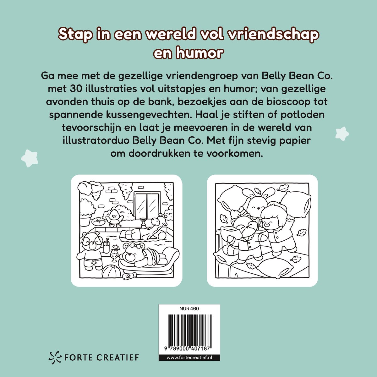 Achterkant van het 'Cozy & Cute met Friends' kleurboek met tekst 'Stap in een wereld vol vriendschap en humor' en twee voorbeelden van illustraties om in te kleuren.