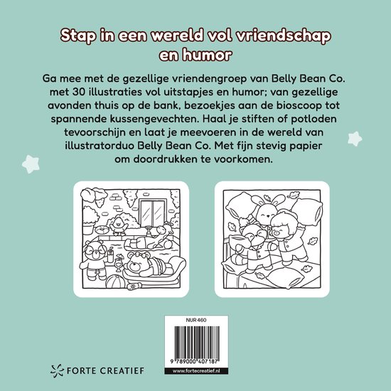 Achterkant van het 'Cozy & Cute met Friends' kleurboek met tekst 'Stap in een wereld vol vriendschap en humor' en twee voorbeelden van illustraties om in te kleuren.