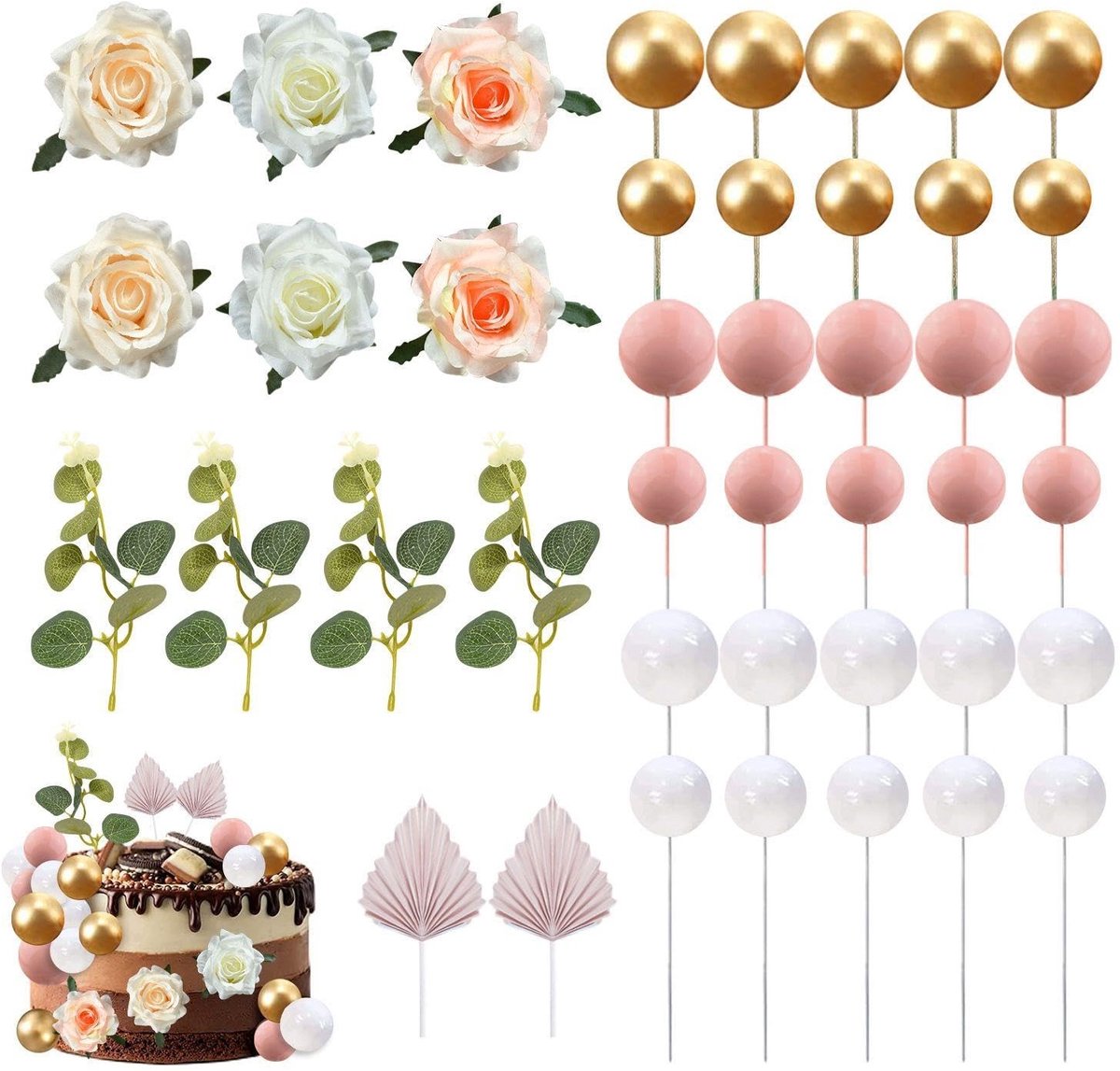 Dailygoods- Taarttopper Roze Rozen - Taartdecoratie Set - Taartdecoratie Bloemen - Taartdecoratie Verjaardag - Taartdecoratie Bruiloft - 42 Stuks