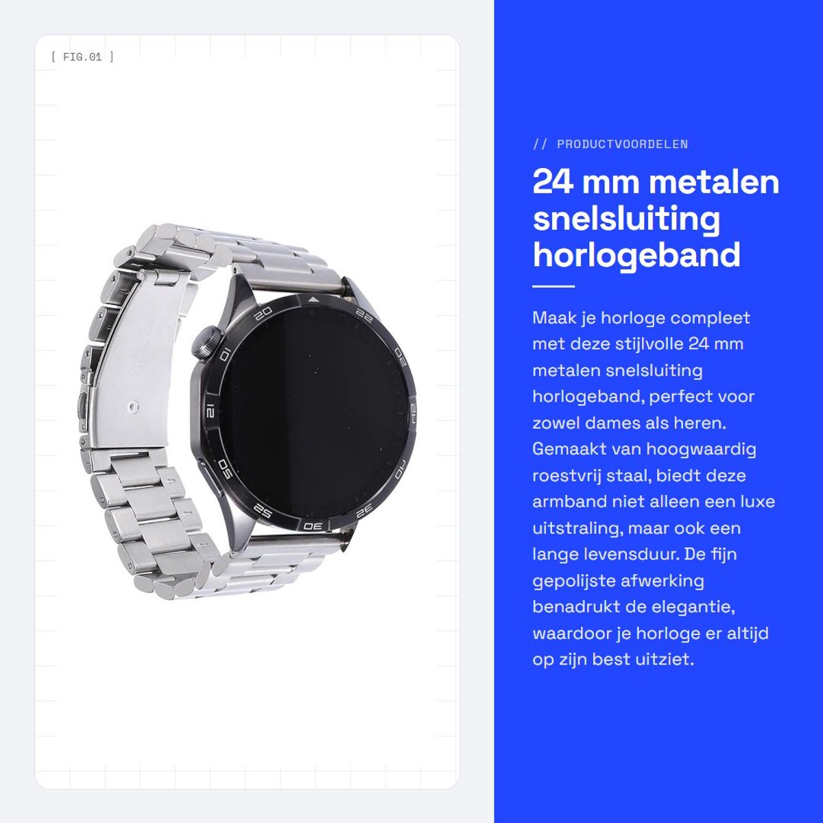 Dailygoods- Snelsluiting Horlogeband - 24 mm - Roestvrij Staal - Zilverkleurig - Geschikt voor Dames/Heren - Duurzaam Ontwerp