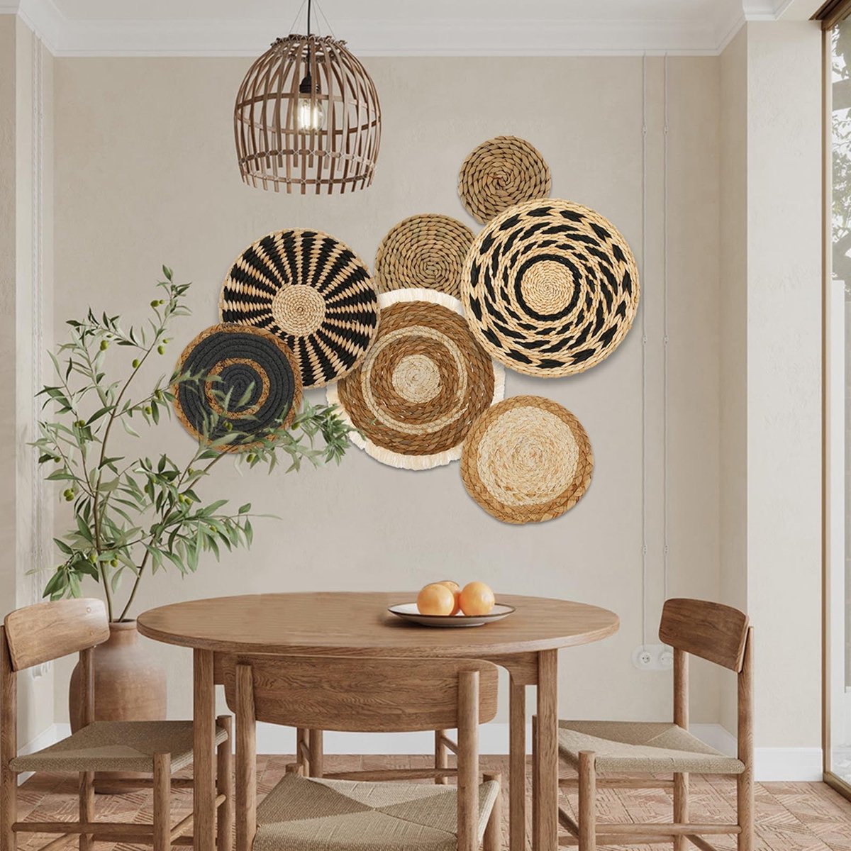 Dailygoods- Wanddecoratieset - 7 Geweven Manden - Ronde Rotan Decoratie - Handgemaakt Macramé - Boheemse Wanddecoratie - Kwaliteitsmateriaal - Wandmanden