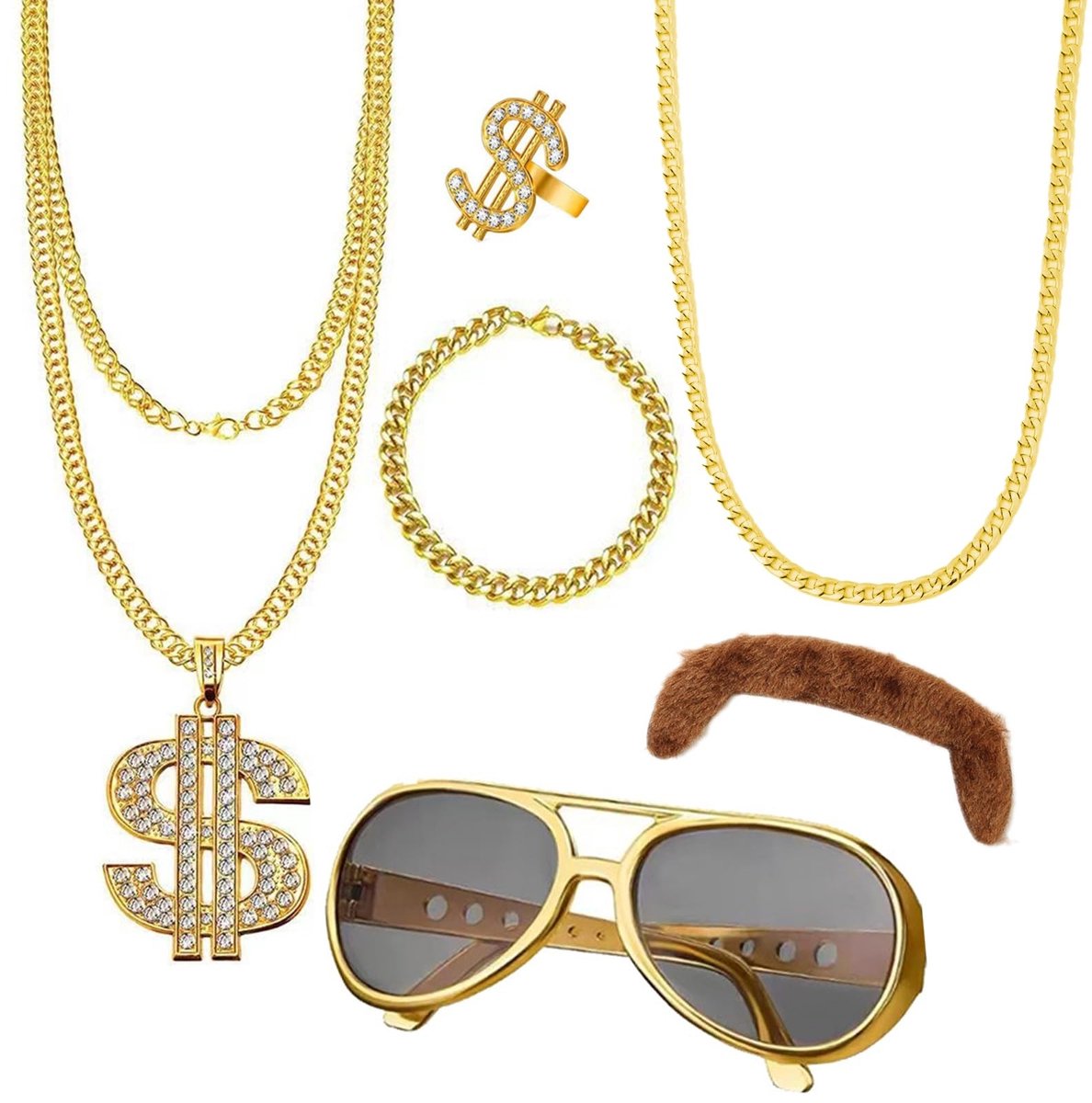 Dailygoods- Hiphop-kostuum met accessoires - Gouden rapper - Kostuum volwassenen - Verkleedkleren volwassenen - Cosplay - Eén maat