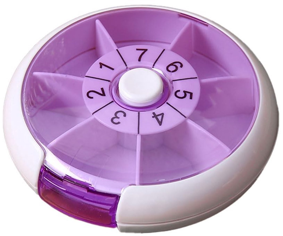 Dailygoods- Medicatiedoosje 7 Dagen Roterend - 7 Compartimenten - Draagbaar - Transparant - Ideaal voor Wekelijkse Dispenser - 360° Draaideksel - Pillendoos