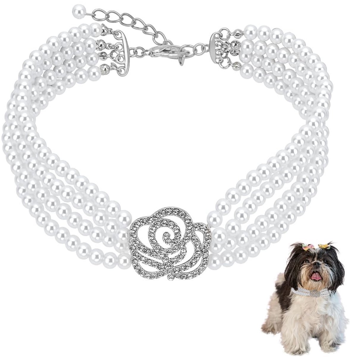 Dailygoods- Halsband Verstelbaar - 4 Rijen Parelketting - Strass Rozenbloem - Huisdieren Sieraden - Geschikt voor Honden/Katten - Afmetingen 300 mm + 50 mm Verlengketting - Huisdierkraag
