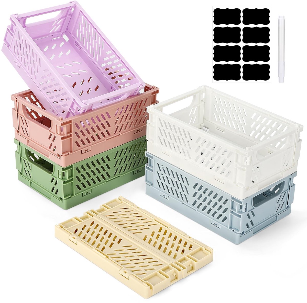 Dailygoods- Opbergmand 6 stuks - Klapbox - Opvouwbaar - Manden - Opbergdozen - 15 x 10 x 5,8 cm - Inclusief etiketten en marker