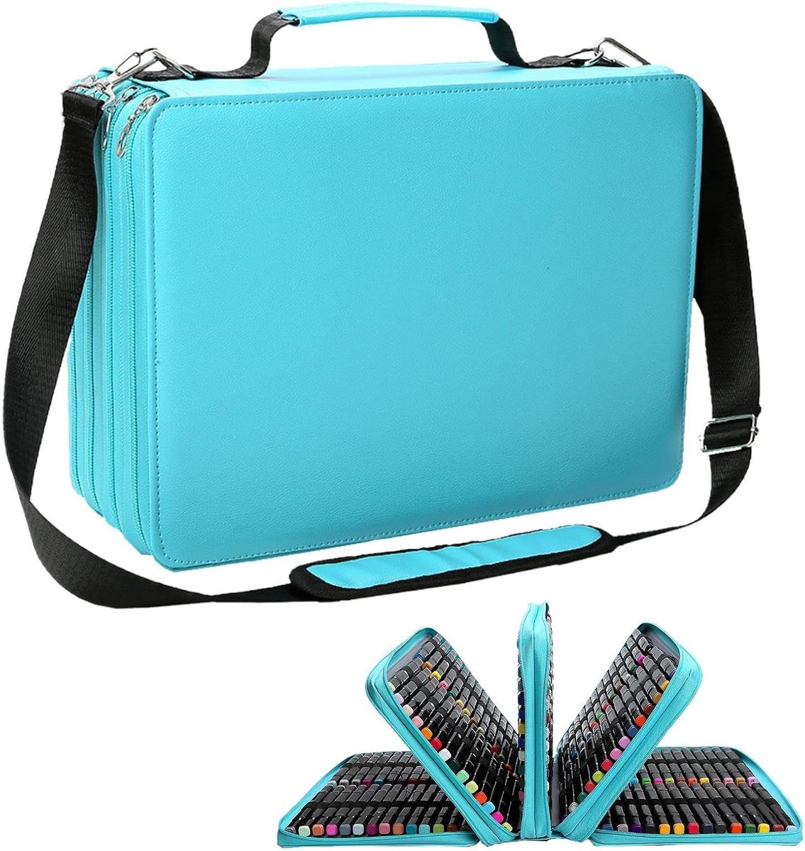 Marker Organizer - Etui Pennen - Kunst Benodigdheden - Grote Capaciteit - 224 Sleuven - Cyaanblauw