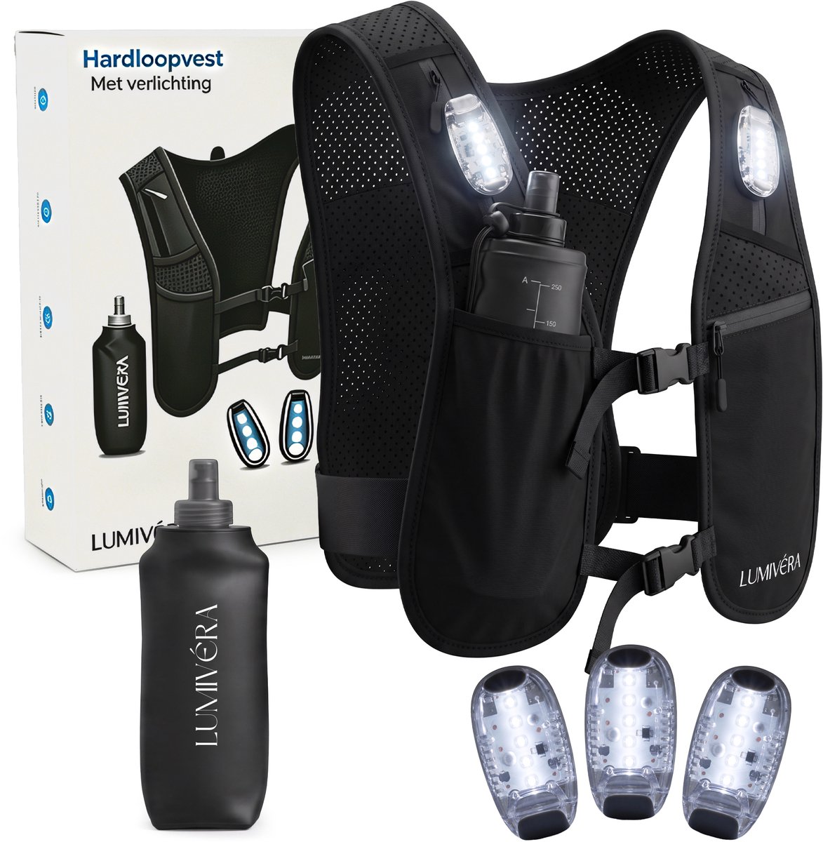 Lumivéra® Hardloopvest - 3x LED - Running Vest met Verlichting - Hardloop Vest - Loopvest incl. Waterfles en Telefoonvak - Universeel