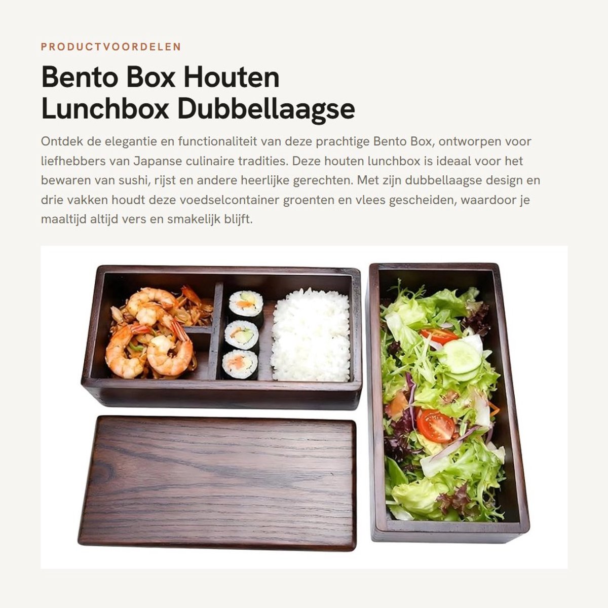 Dailygoods- Bento Box Dubbellaags Design - Houten Lunchbox - Voedselcontainer - Japanse Stijl - Drie Vakjes - Veilig en Gezond
