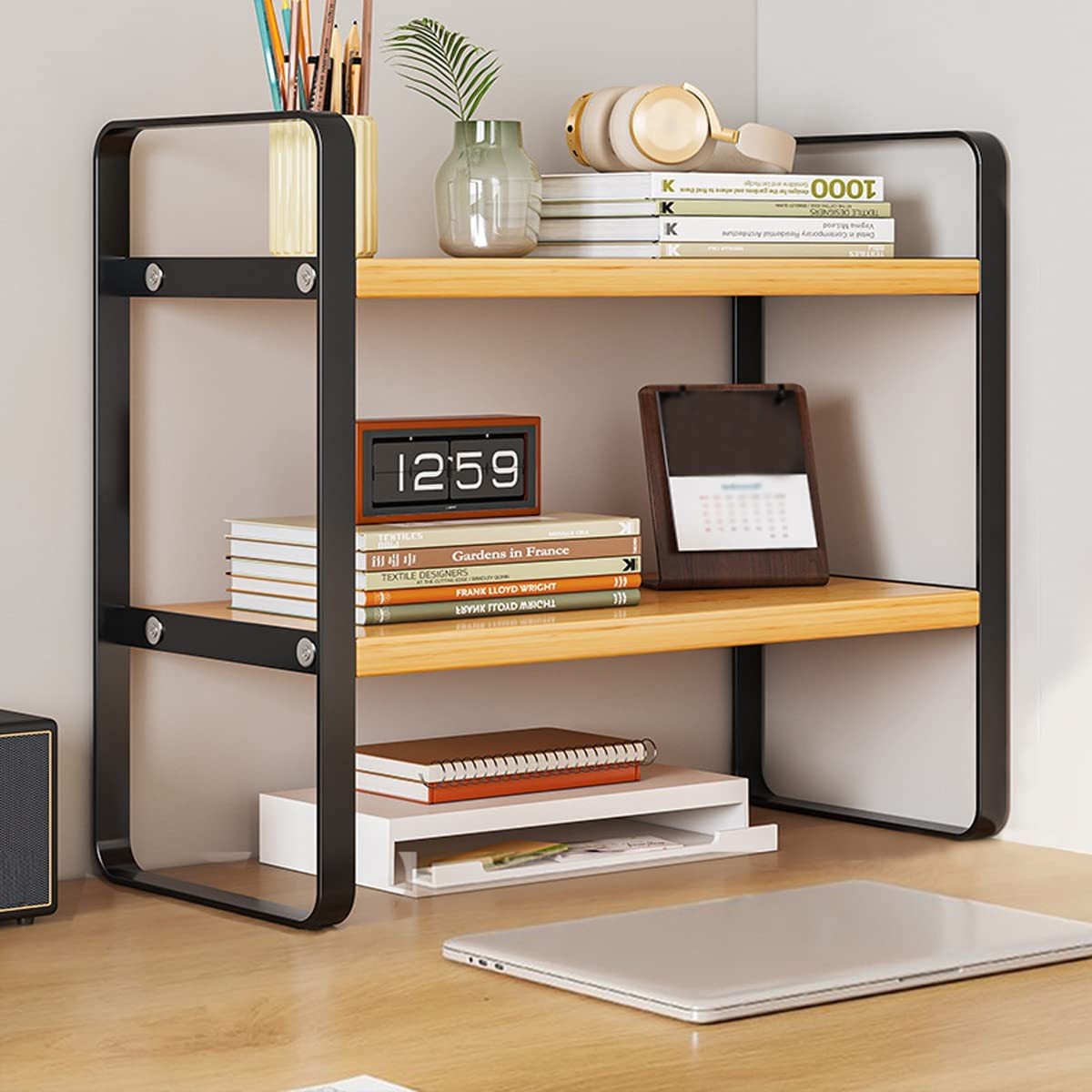 Dailygoods- Bureau Organizer Houten - 2-traps Boekenkast - Minimalistisch Rek - Desktop Opslag Plank - Effectieve Ruimtebesparing - 40 x 20 x 36 cm - Boekenrek