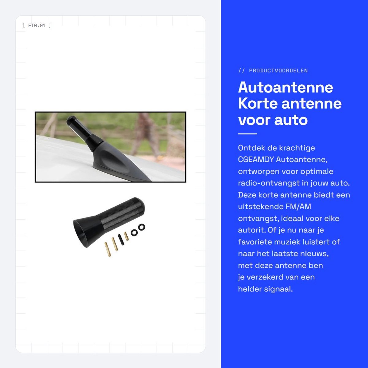 Dailygoods- Autoantenne Korte Antenne - Universeel - Koolstofvezel - Sterke FM/AM Ontvangst - Weerbestendig - Inclusief Schroeven - Autoradioantenne