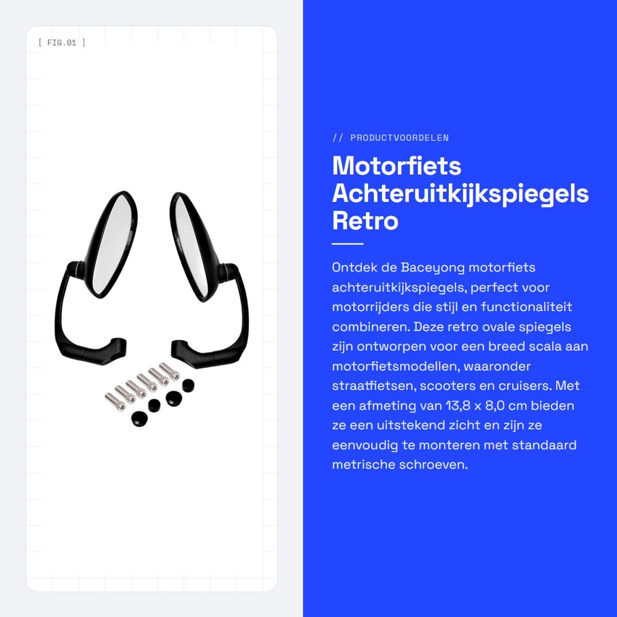 Dailygoods- Achteruitkijkspiegels Retro Ovaal - Geschikt voor Motorfiets/Scooter - Spiegelmaat 13,8x8,0 cm - M10/M8 Schroefmodel - Helder Zicht - Nieuw - Motorfiets Spiegels