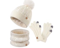 Dailygoods - Lifup Sjaal set muts en handschoenen, warme gebreide muts met pompon, beanie fleece kinderset voor jongens meisjes 5-10 jaar