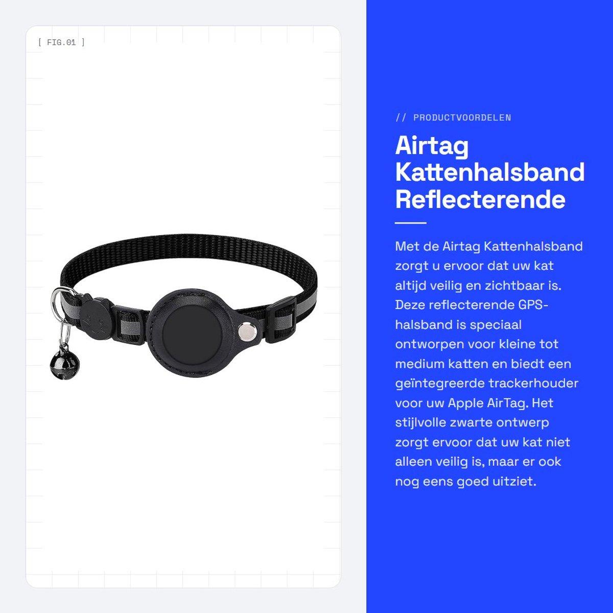 Dailygoods - Airtag Kattenhalsband - Reflecterende GPS-halsband - Zwart - Verstelbaar - Veiligheidsbel - Geschikt voor Kleine tot Medium Katten