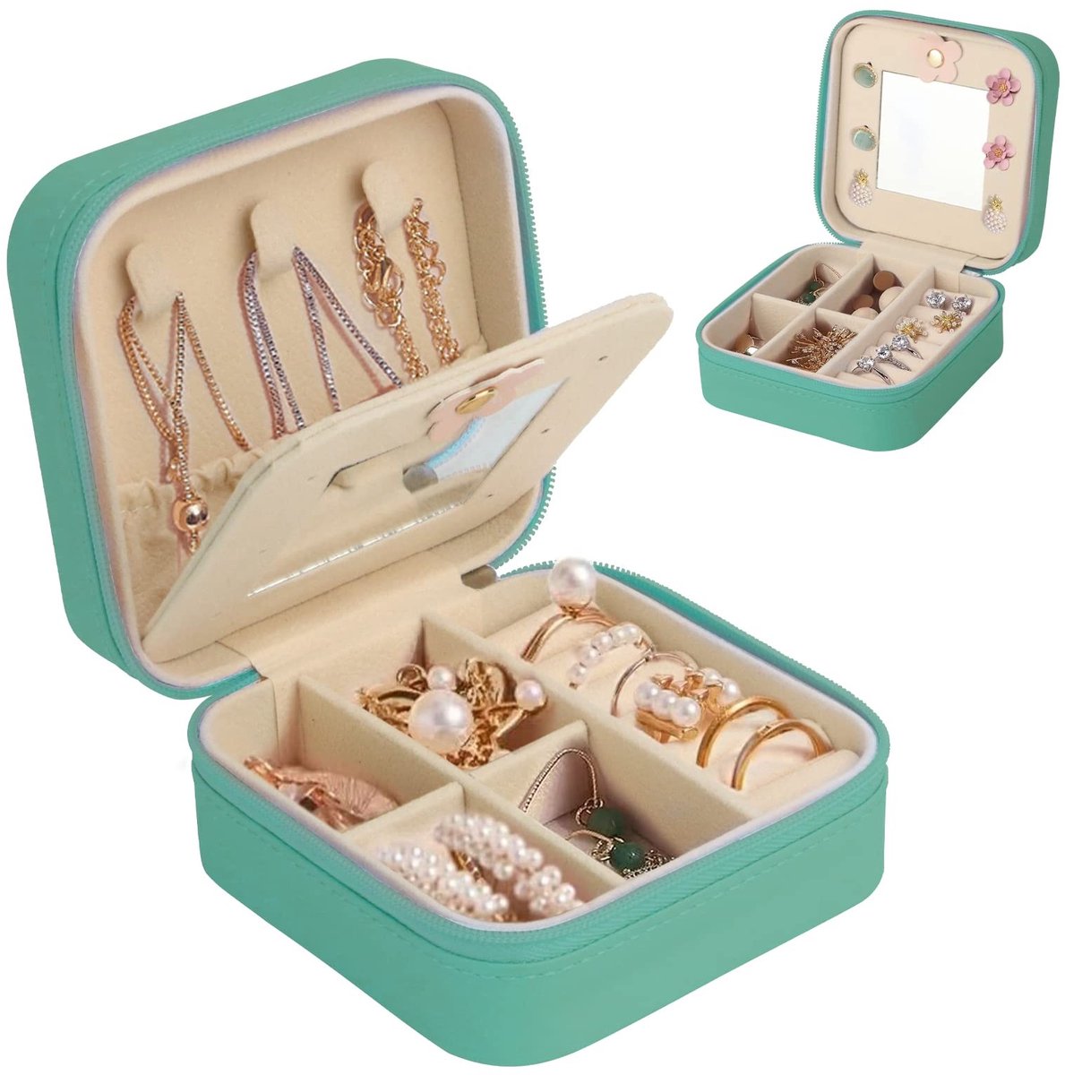 Dailygoods- Sieradendoos Reizen - Kleine Sieraden Opbergkoffer - Juwelenkistje - Sieraden Organizer - Drie Lagen - Spiegel - Juwelendoos