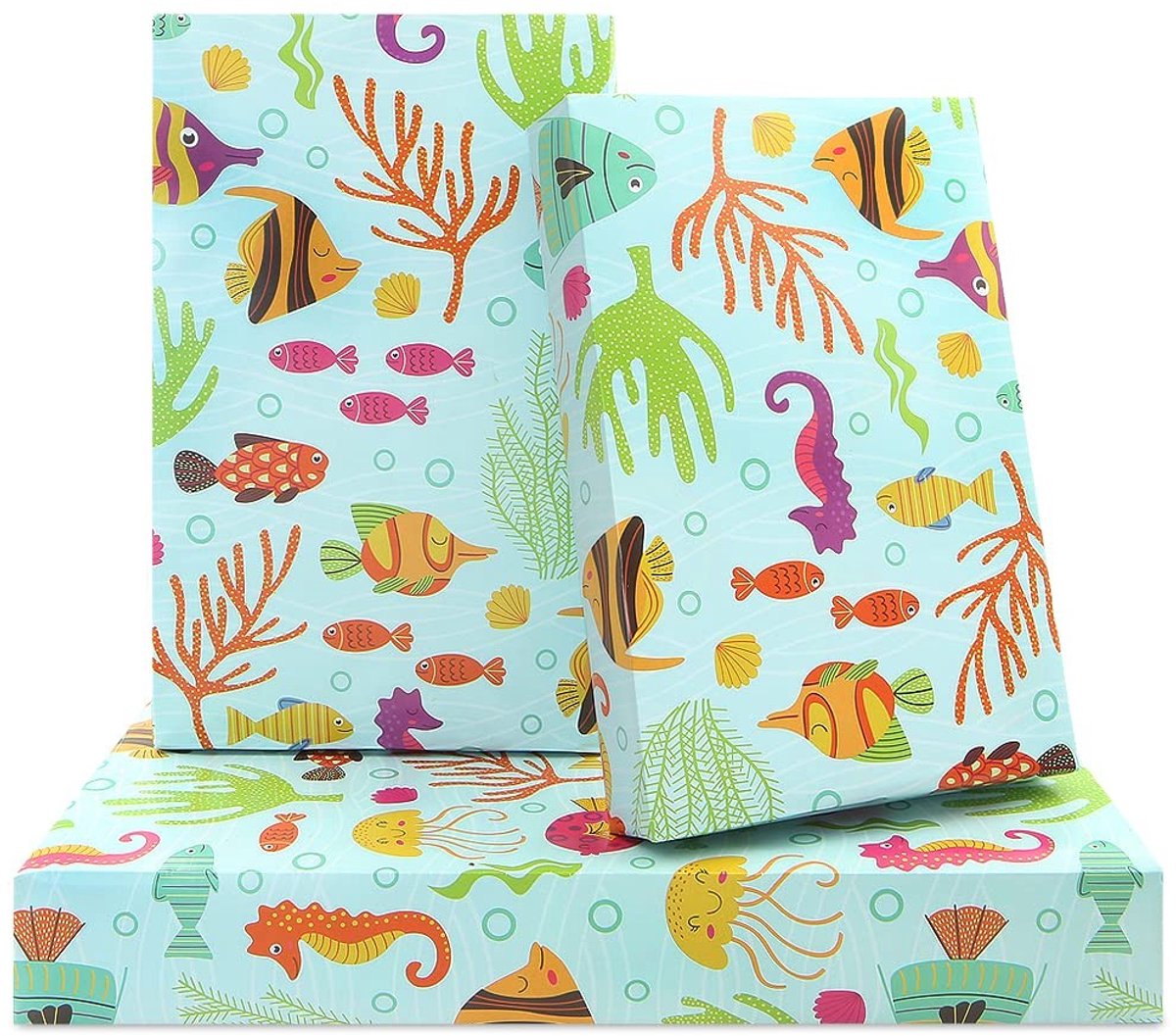 Dailygoods- Inpakpapier Oceaan Thema - 4 Vellen 50x70cm - Cadeaupapier Kinderen - Verjaardag/Babyshower - Sterk/Zacht - Ideaal voor Knutselprojecten