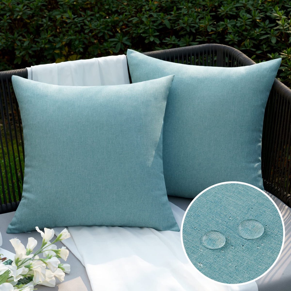 Kussensloop voor buiten, waterdicht, van zacht polyester, met hydrofugaal oppervlak, tuinkussenhoes, balkon, decoratief, voor woonkamer, slaapkamer, 2 stuks, 45 x 45 cm, cyaan