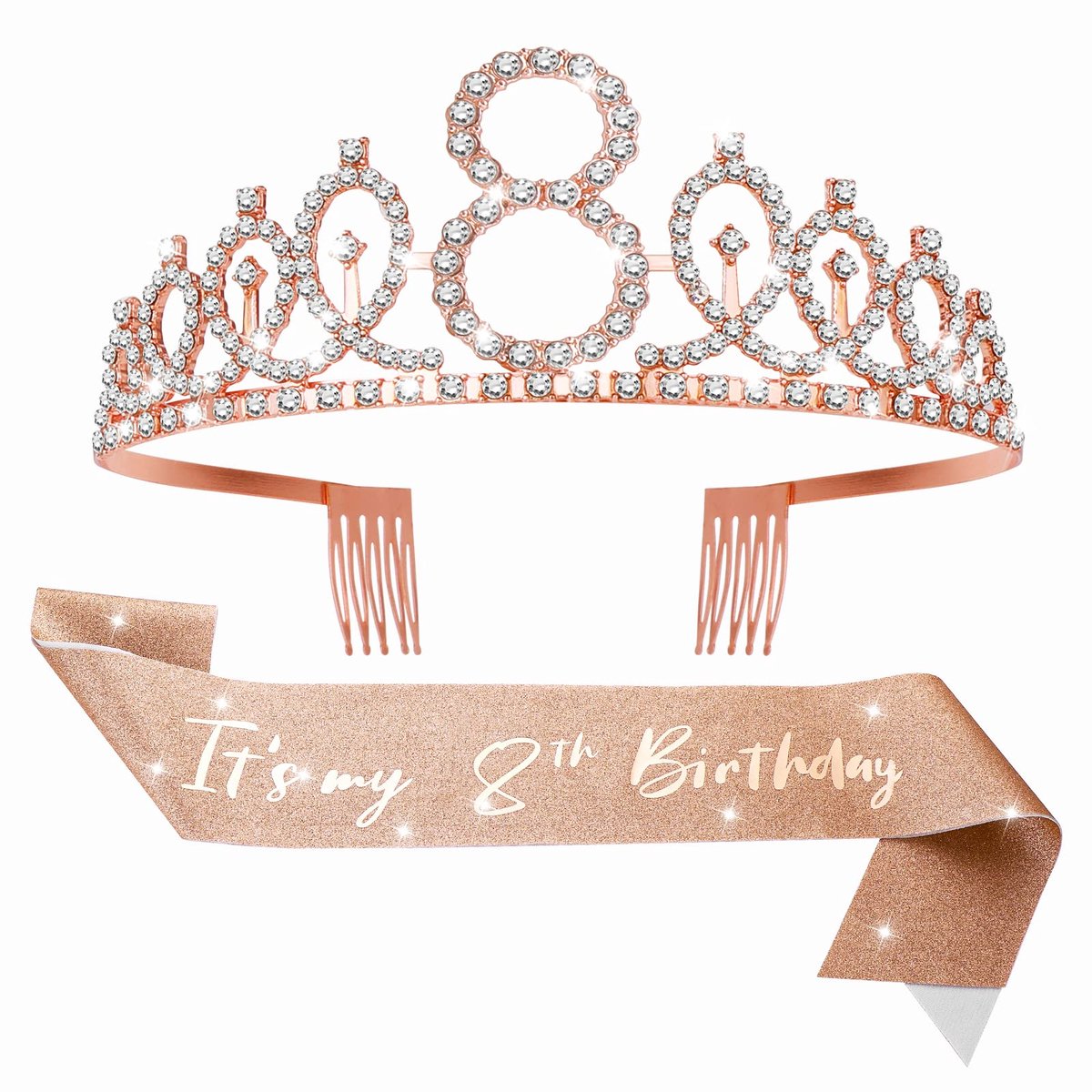 'It's my 8th Birthday' sjerp en tiara voor meisjes, roségouden verjaardagskroon 8 & fantastische satijnen sjerp 8e verjaardagscadeaus voor gelukkige 8e verjaardag feestartikelen