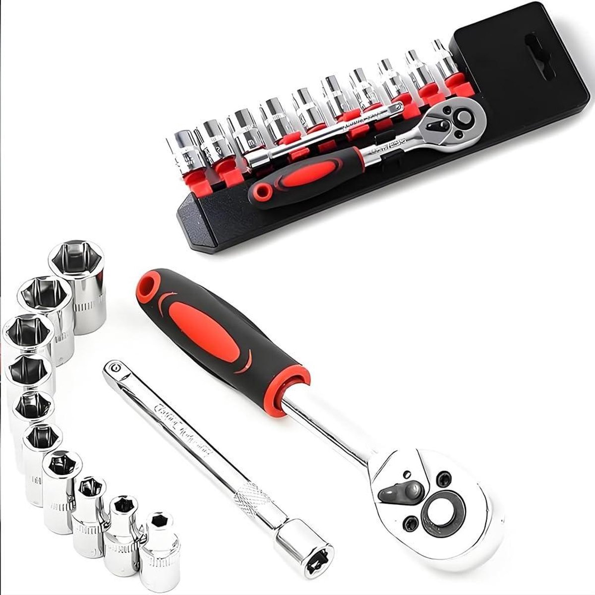 Dopsleutelset 12-delig - Mini Ratel Schroevendraaier - Kleine Ruimtes Klussen - 24 Tanden Omkeerbaar - 11 cm Lengte - Zilver
