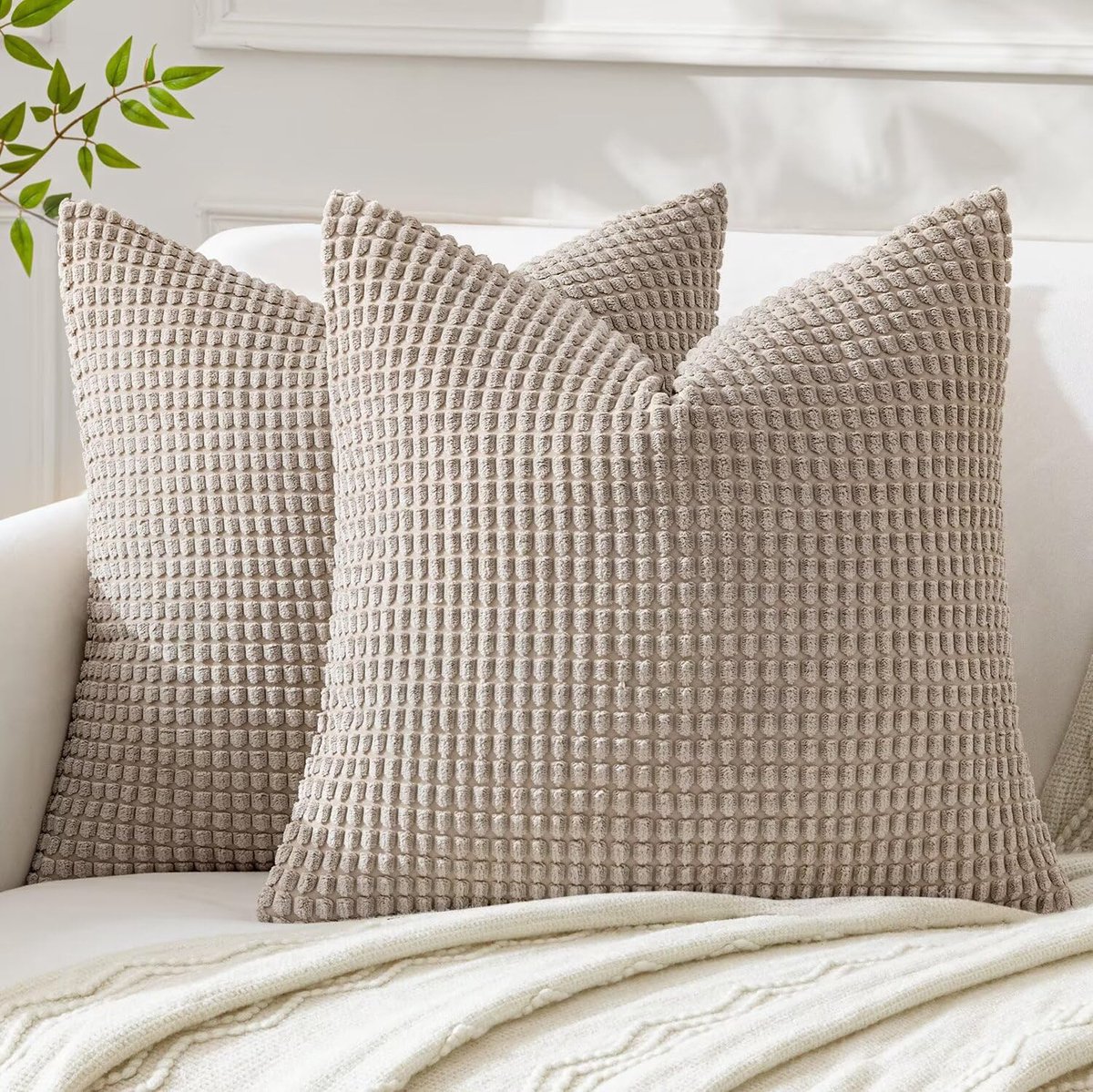 Zachte, effen, decoratieve, vierkante corduroy kussensloop met grote maïskorrels, gestreepte, dikke kussenhoes voor sofa, slaapkamer, 20 x 20 inch / 50 x 50 cm, set van 2, Zandkleur