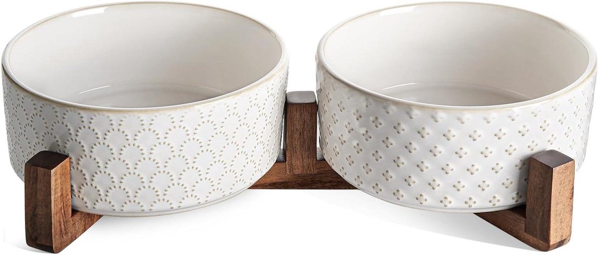 Keramische Honden Voerbakken - Honden Voerbak Set - Honden Voeren - Met Acacia Houten Standaard - 7 Inch Diameter - Wit