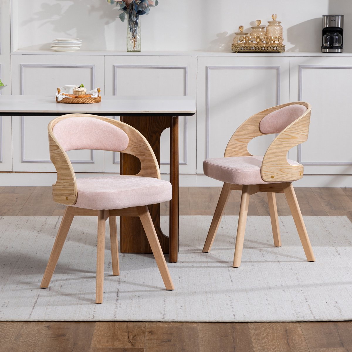 DESMIU Eetkamerstoel - Kuipstoel - Set Van 2 - 360 Graden Draaibaar Met Gebogen Rugleuning - Voor Eetkamer En Keuken - Hout En Stof Roze