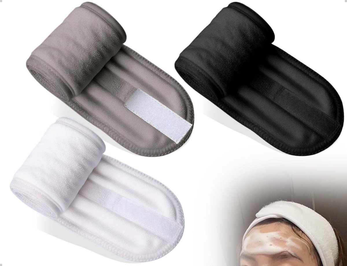 Verstelbare Haarband voor Make-up en Sport, Set van 3 Stuks in Zwart, Wit en Grijs - Ideaal voor Gezichtsreiniging en Haarstyling