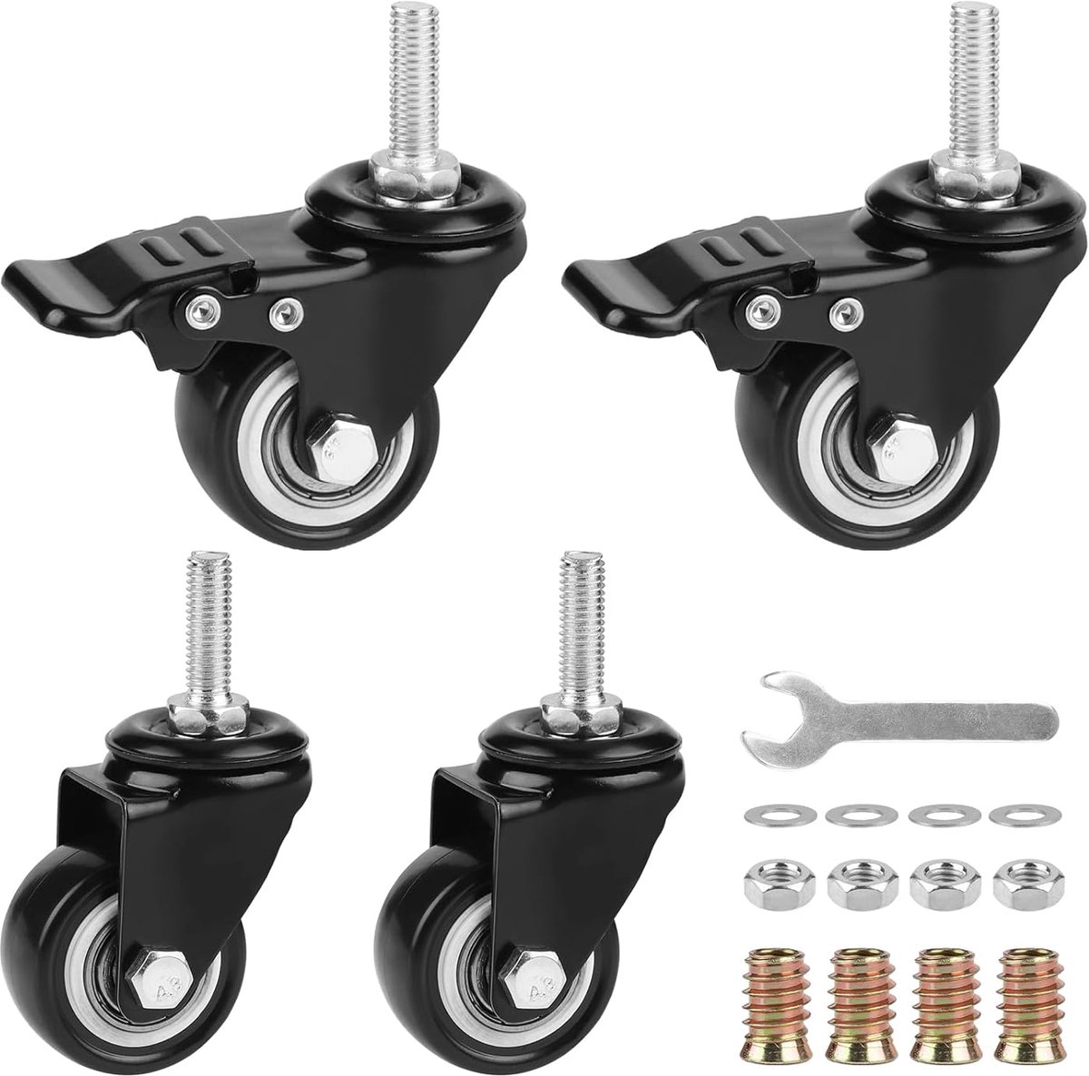 Wielen met Rem M8× 25mm, Meubelwielen (2 met Rem+ 2 Zwenk), 40mm Meubelwielen met Rem, Zwenkwielen met Rem,Wielen met Schroefdraad, Draagvermogen 50kg per Wiel