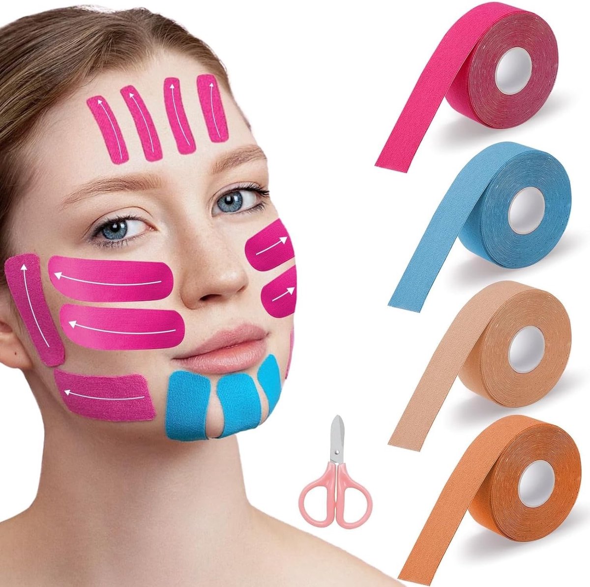 4 Stuks Gezichtstape voor Lifting, 1" x 16.4", Anti-Rimpel Tape voor Strakkere Huid, Ideaal voor Make-up en Huidverzorging