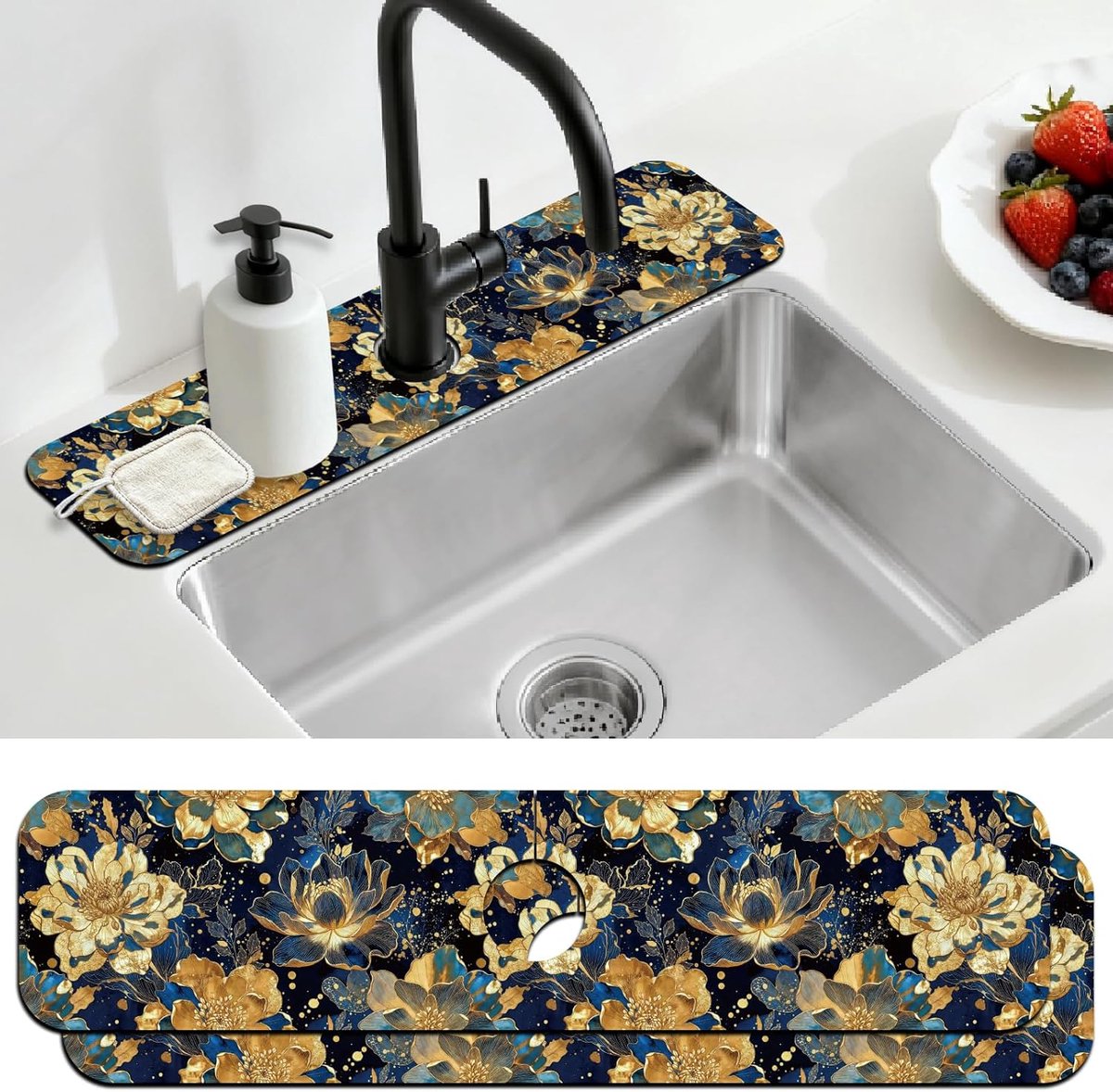 2 stuks blauw goud folie bloem keuken gootsteen spatbescherming kraan mat psychedelische plant kraan mat voor gootstenen absorberende droogmat, 60 x 14 cm