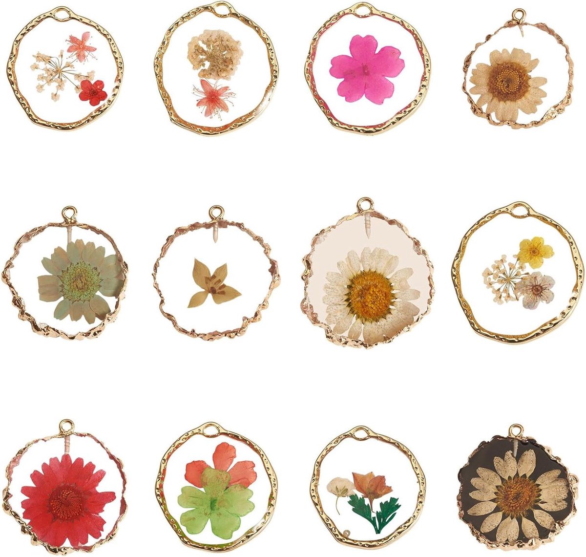 Gedroogde Bloem Hangers - Hars Bedels - Sieraden Maken - Transparant met Goudfolie - 34-36mm - Meerdere Kleuren