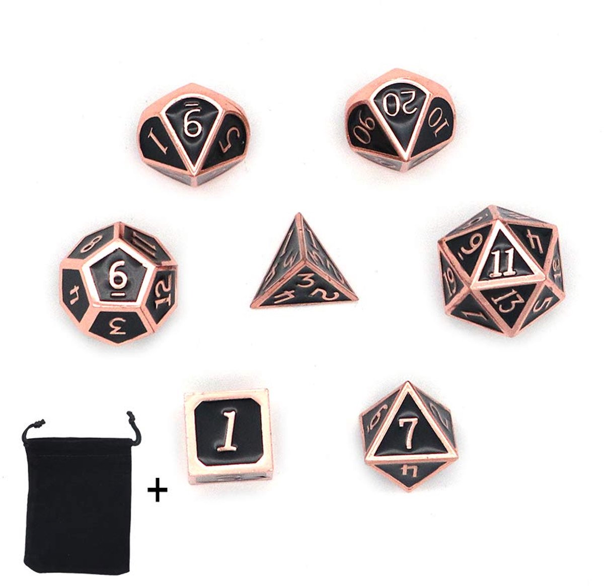 7-delige metalen polyedrale dobbelstenen set met zwarte opbergtas voor rollenspel Dungeons and Dragons D & D-wiskundeonderwijs (zwart)