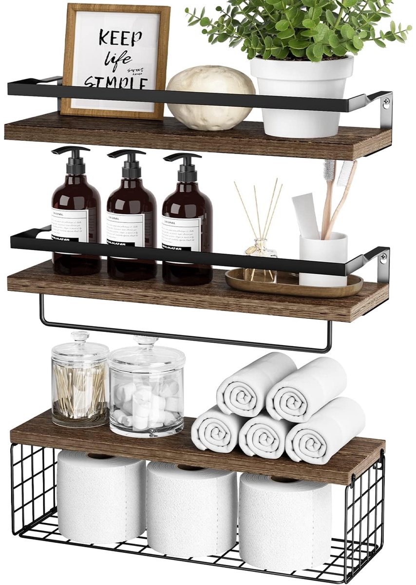 sharllen Houten zwevende planken met draad Strorage mand, wandgemonteerde plank set van 3 voor huisorganisatie en wanddecoratie slaapkamer keuken woonkamer badkamer zwart
