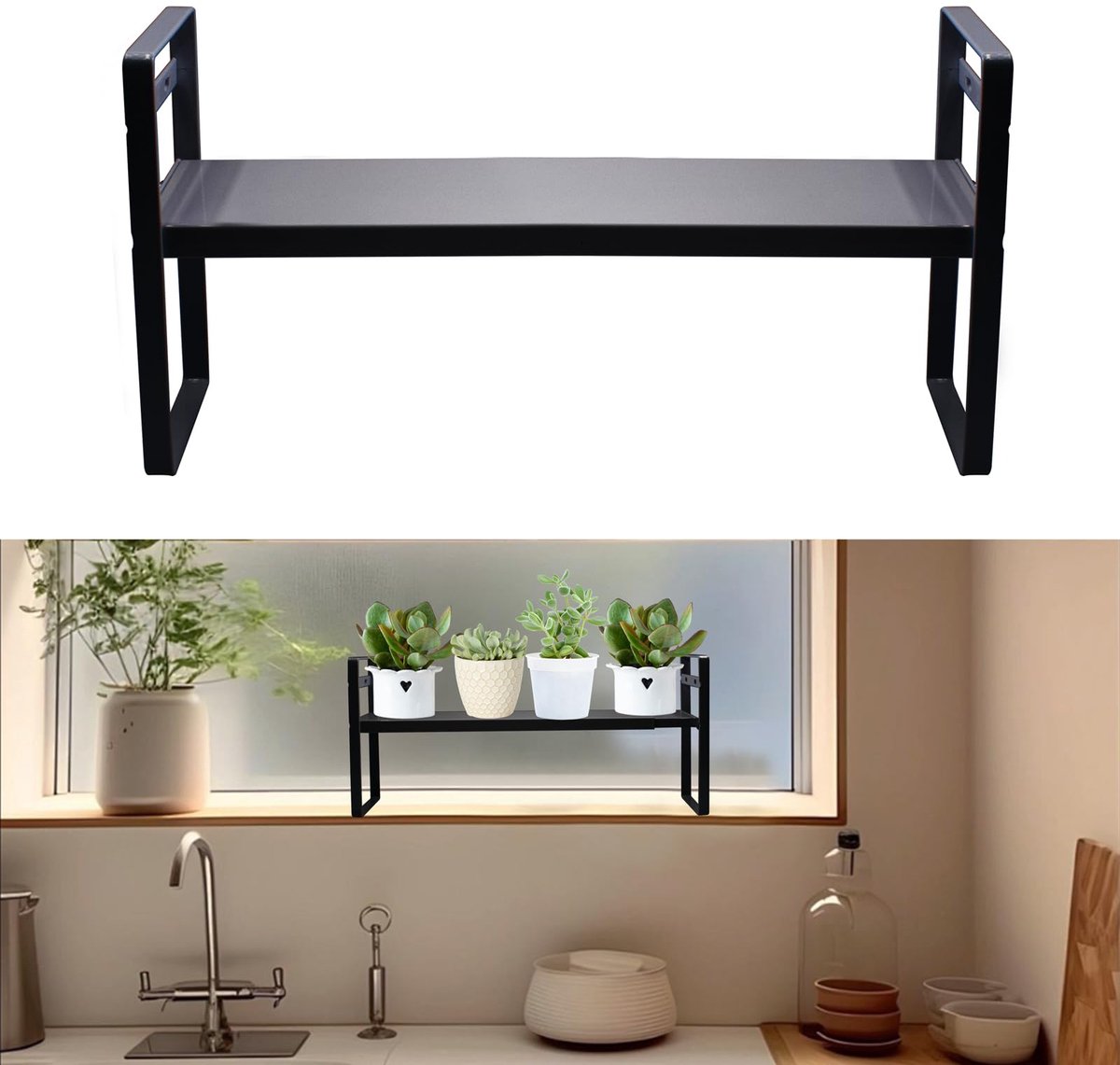 stapelbare vetplantenstandaard, tafel, plantenorganizer, plantenstandaard voor krappe ruimtes, verstelbare lengte 35-60 cm (zwart)