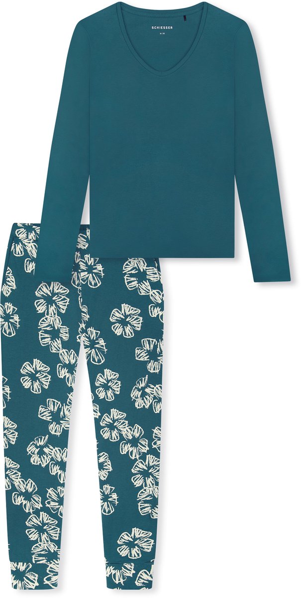 Schiesser dames Modern Nightwear lange pyjama van interlock met manchetten - groen dessin