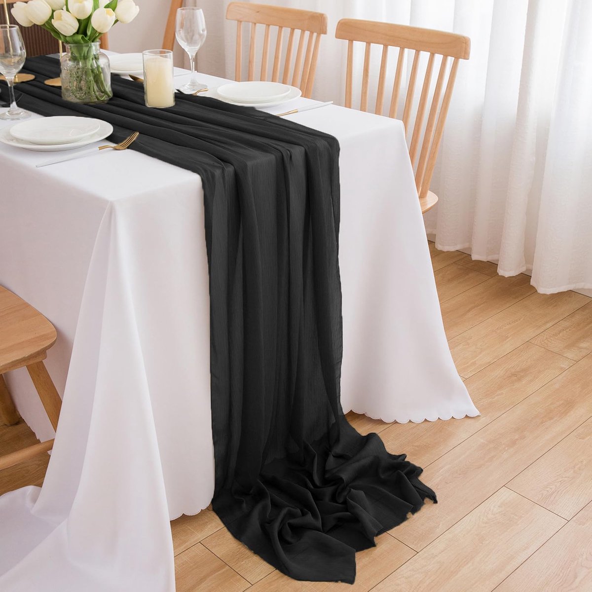 Loper zwart chiffon loper tafelkleed zwarte chiffondoek decoratieve stoffen 4 m x 70 cm