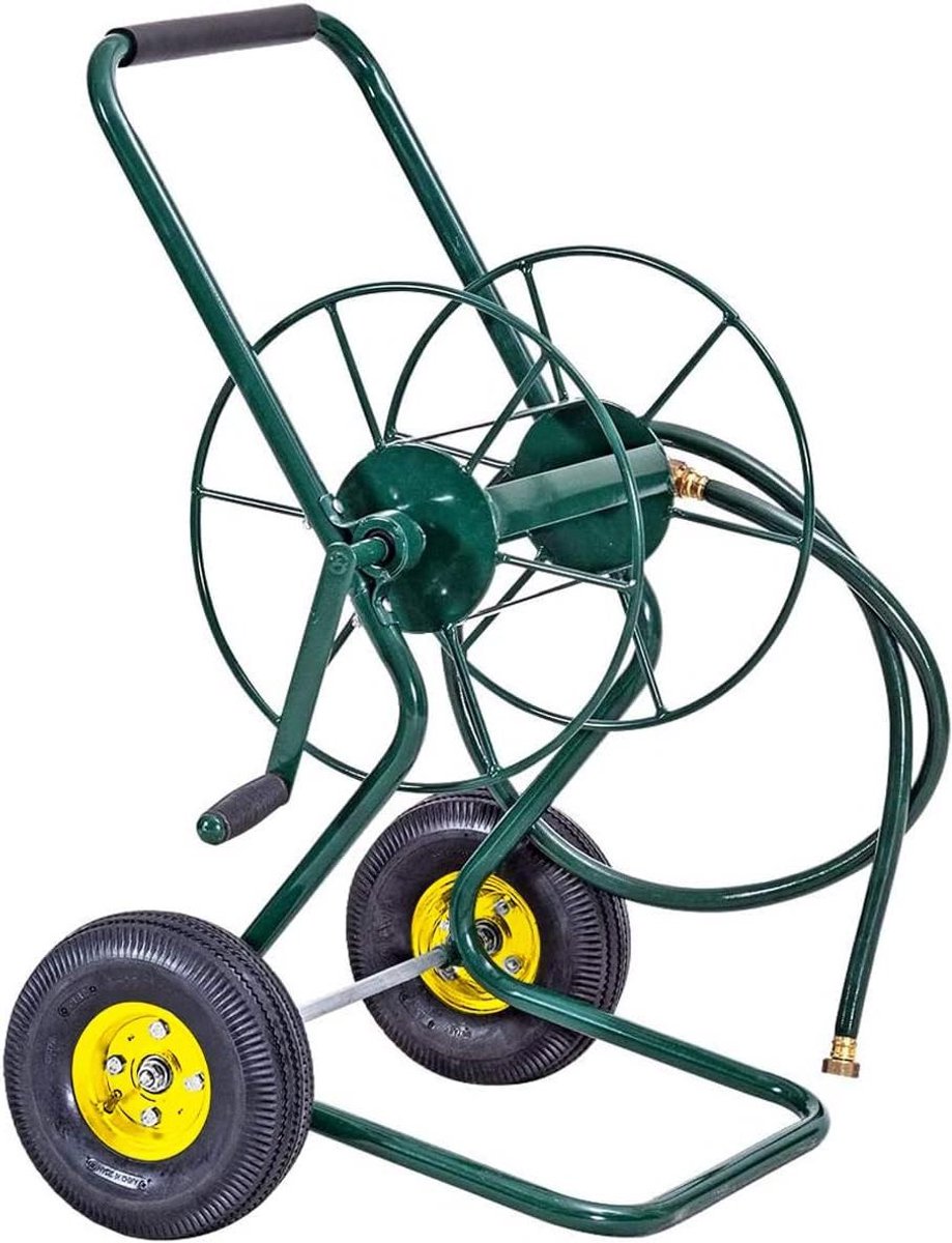 Slangwagen Metaal - Slanghaspel Trolley - Tuinslang Opbergen - Luchtbanden Zwenkarm - 61 Meter Capaciteit - Groen