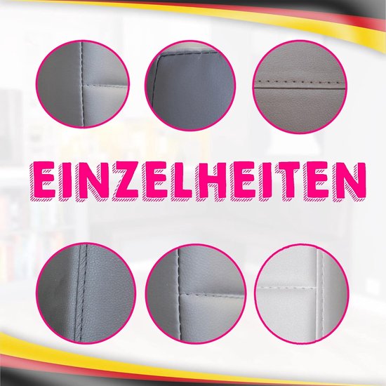 Close-up van stiksels op grijze en witte kunstlederen panelen.
