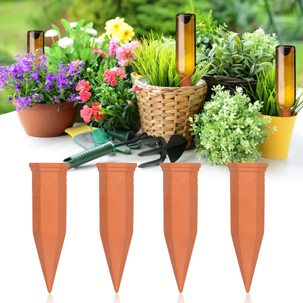 terracottaplanten, zelfbewaterende palen, automatische plantenirrigatieset, slow-release, vakantie, planten-nanny voor potplanten, bloemen, bomen, 4 x 90 ml