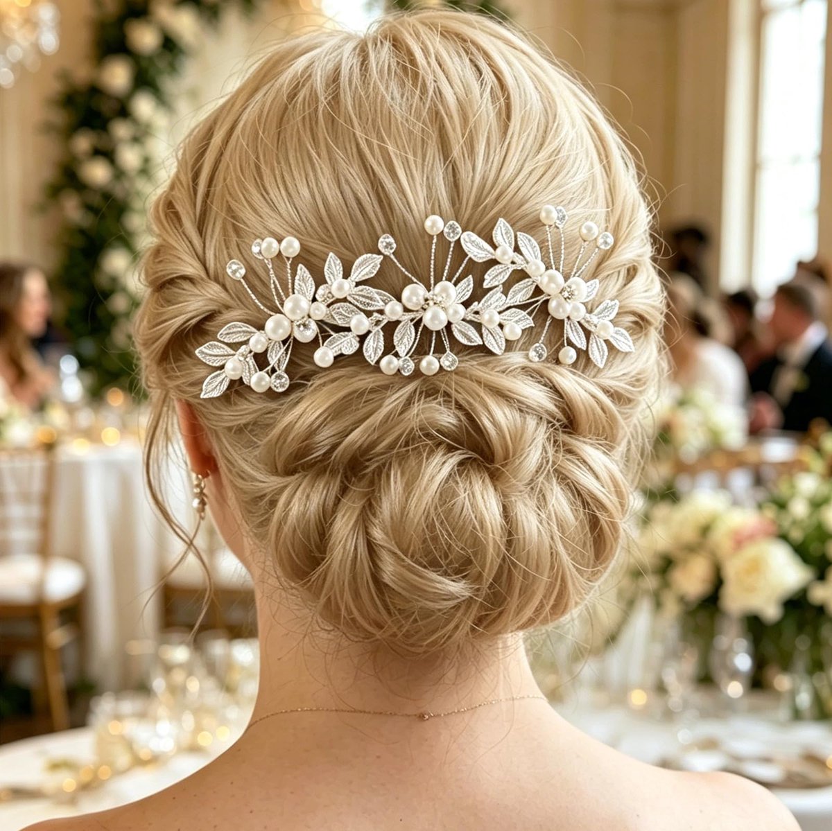 set van 3 stuks, zilveren bladeren, parel, kristal, haarspelden, U-vorm, handgemaakt, vintage haaraccessoires voor bruiloft, bruidsmeisje, avondfeest, fotoshoot, cadeau