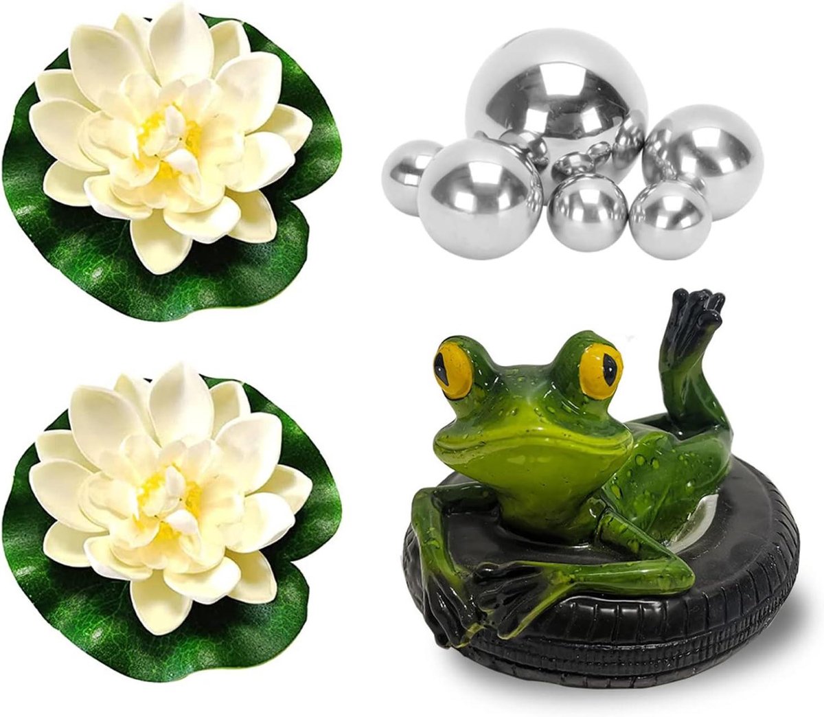 Tuindecoratie Kikker Set - Vijverdecoratie Drijvend - Tuin Verfraaien - Drijvend met Zilveren Ballen - 16x15x11 cm - Groen