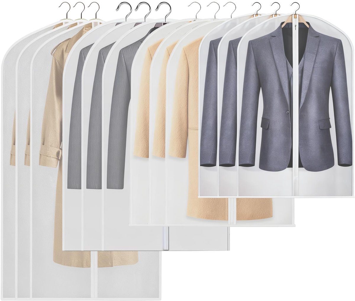 12 stuks kledingzakken voor pak, lang, 60 x 80/100/120/140 cm, verdikte kledingbeschermhoes, kledinghoes met ritssluiting, transparante kostuumtas, beschermhoes voor pak, mantels, jassen, jurken en