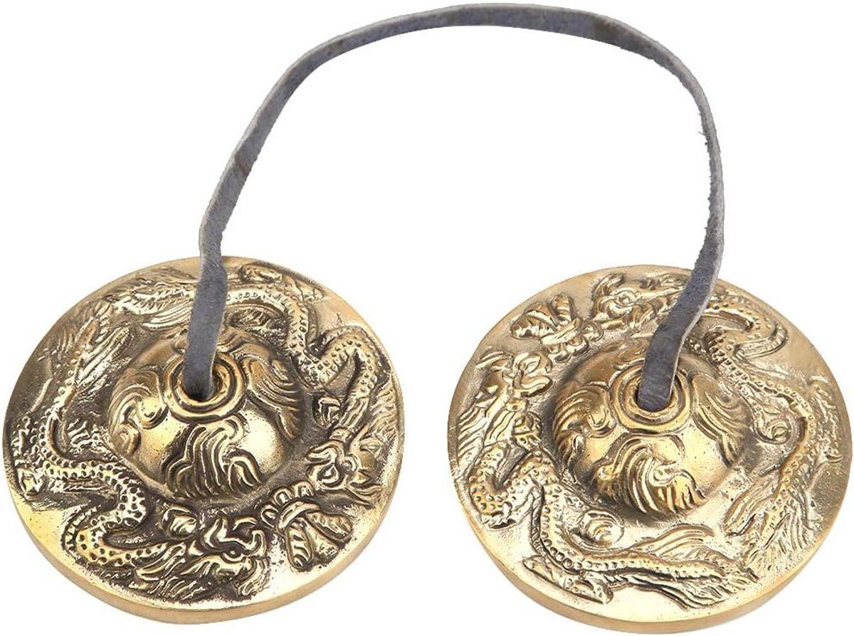 Tibetaanse Bel - Tingsha Cymbalen - Meditatie Geluid - Dubbel Draak Patroon - 170 g - Messing