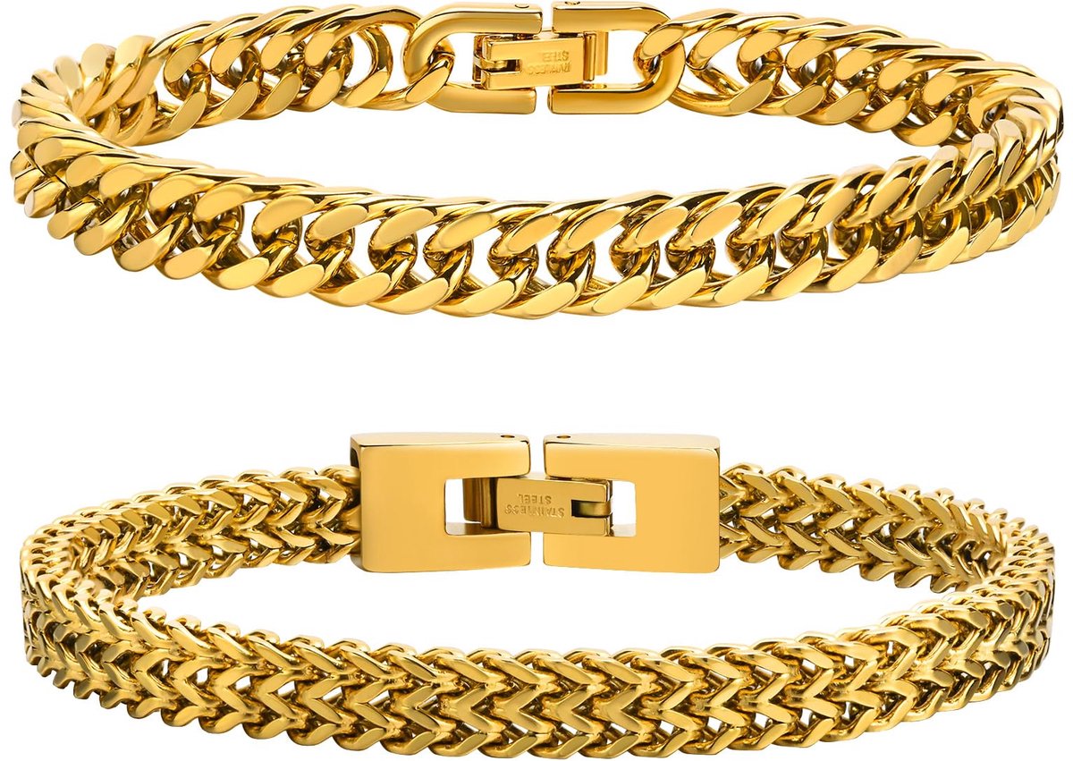Schakelarmband voor heren, roestvrij staal/zilver/zwart/goud, met stevige dubbele Franco schakelarmband, voor vader/broer/vriend, breedte 8 mm, lengte 18,8-20,8 cm, 2 stuks