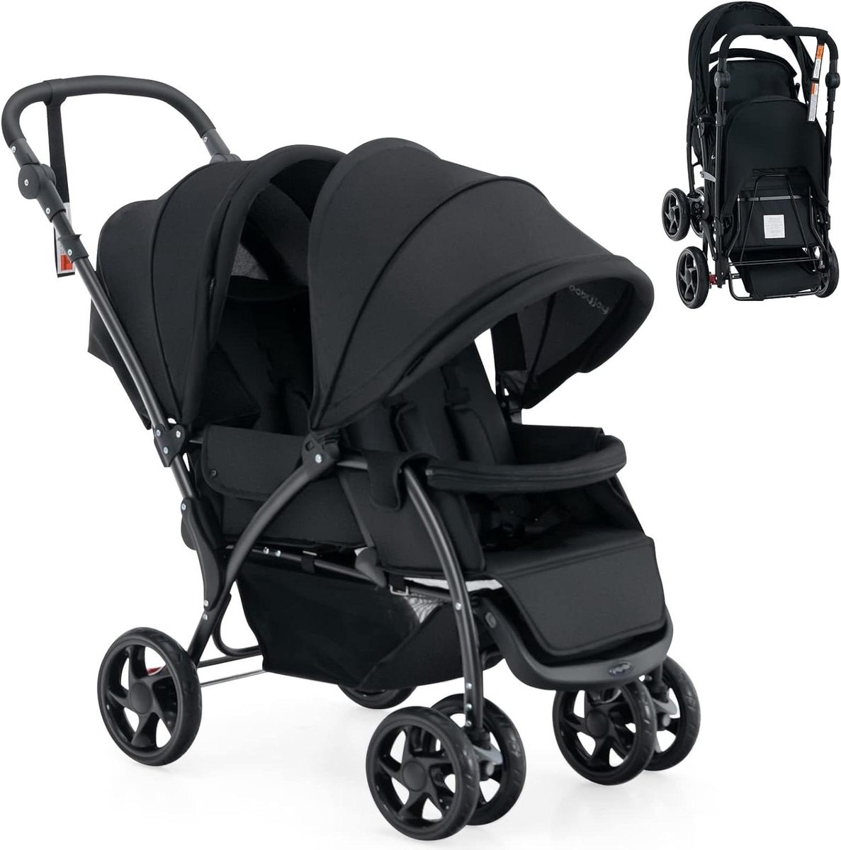Broer en zusterwagen - Dubbele kinderwagen - Comfortabel reizen - Inklapbaar met één hand - Tot 30 kg - Zwart