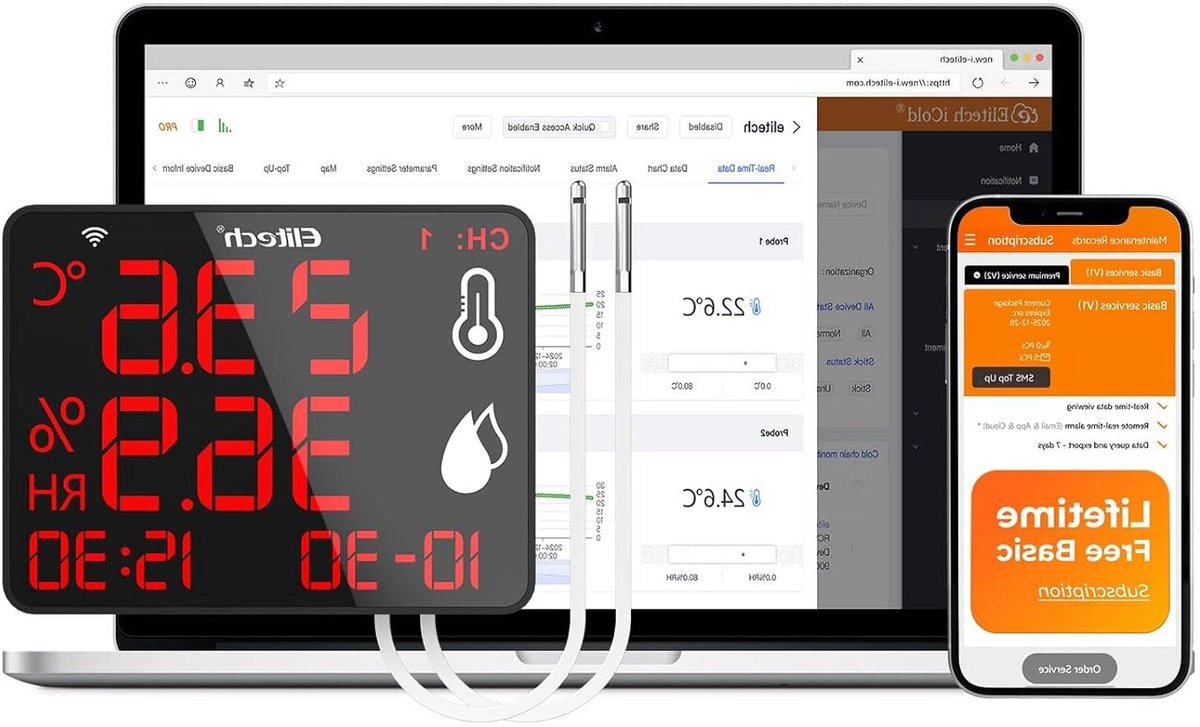 WiFi Thermometer Vochtigheidsmeter - Temperatuur Sensor - Real-time Monitoring - Twee Externe Sensoren - 10.6 Inch Display - Zwart