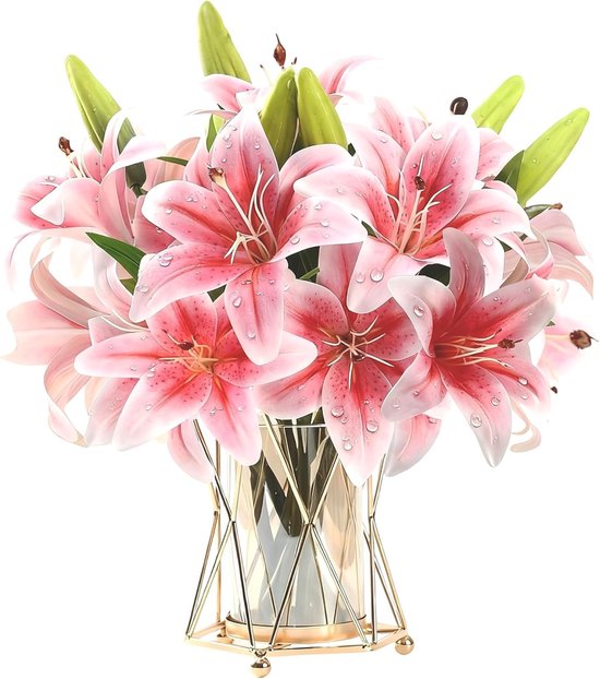 Kunstbloemen, lelies, 3D-kunstlelie, roze, in totaal 12 bloemkoppen, 6 knoppen, doe-het-zelf set boeket voor bruiloft, thuis- en kantoordecoratie, tafeldecoratie